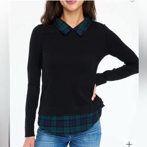 J. Crew Mixed Media Black Sweater with Green Plaid Accents
